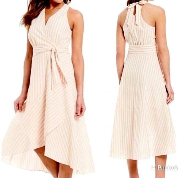 Cremieux Peach & White Stripe 100% Cotton Sleeveless Fit & Flare Midi Dress - Picture 1 of 13